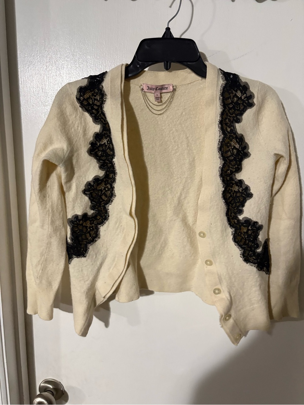 Juicy Couture Cream Cardigan with Black Lace Trim